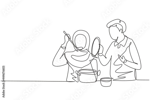 Continuous one line drawing Arabian husband holding pan lid and his beautiful wife tasting food using cooking spoon. Cooking together in kitchen. Single line draw design vector graphic illustration
