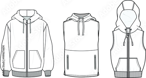 set of hoodies sleeveless and long sleeve sweatshirts, mockup template, vector illustration, isolated on white background. 
