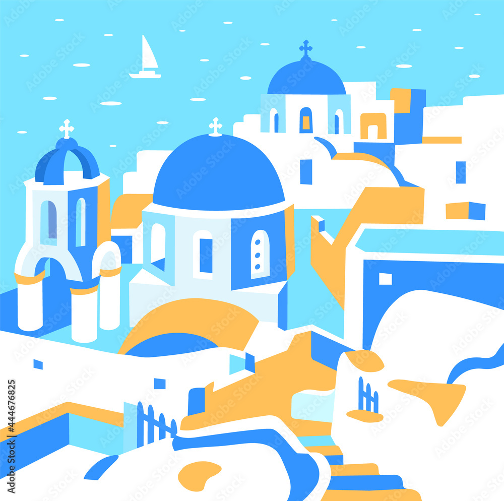 Santorini island, Greece. Beautiful traditional white architecture and Greek Orthodox churches with blue domes over the Aegean caldera. Vector flat illustration. Square advertising postcard.