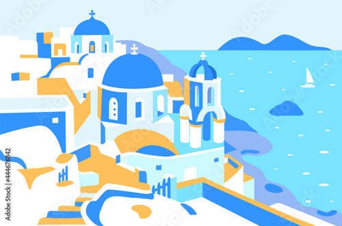Santorini island, Greece. Beautiful traditional white architecture and Greek Orthodox churches with blue domes over the Aegean caldera. Sailboat on the sea. Vector flat illustration. Rectangular adver
