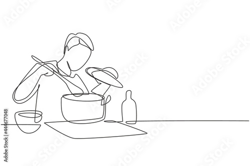 Single one line drawing handsome husband enjoying smell of cooking from pot. Prepare food at cozy kitchen. Cooking at home. Healthy food. Modern continuous line draw design graphic vector illustration