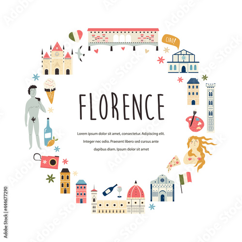 Tourist abstract design with famous destinations and landmarks of Florence.