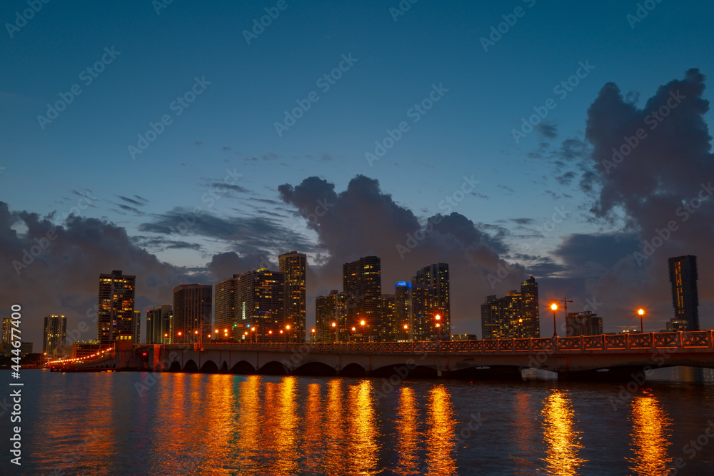 Miami at sunset. Miami Florida, colorful skyline of Macarthur causeway.