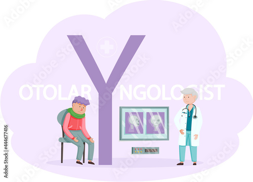Otolaryngologist doctor with nose, ear and throat or ENT diagnostic and treatment instruments. Otology doctor with patient. Otorhinolaryngology healthcare medicine or otolaryngology diseases