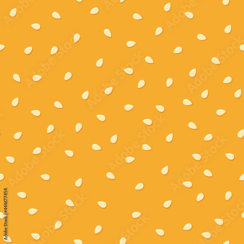 White sesame seeds on a bun. Seamless pattern. Top burger with sesame seeds. Vector illustration on color background.