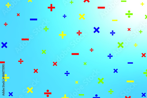 Mathematical symbol red blue yellow and green color pattern on blue background. Vector Illustration.