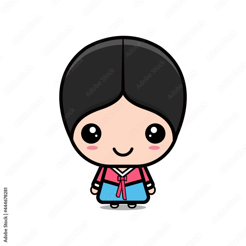 Cute girl in traditional costume of South Korea. Cartoon children in traditional korean clothes. Cute girl in traditional costume of South Korea. Cartoon children in traditional korean clothes.