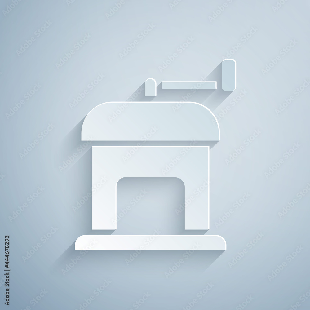 Paper cut Manual coffee grinder icon isolated on grey background. Paper art style. Vector Paper cut Manual coffee grinder icon isolated on grey background. Paper art style. Vector