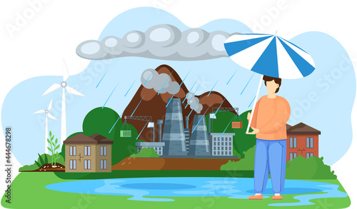 Save planet concept with sad man standing with an umbrella in rain near smokestack plant, building and wind power plant in big city. Air pollution, deforestation, people destroy planet, global warming