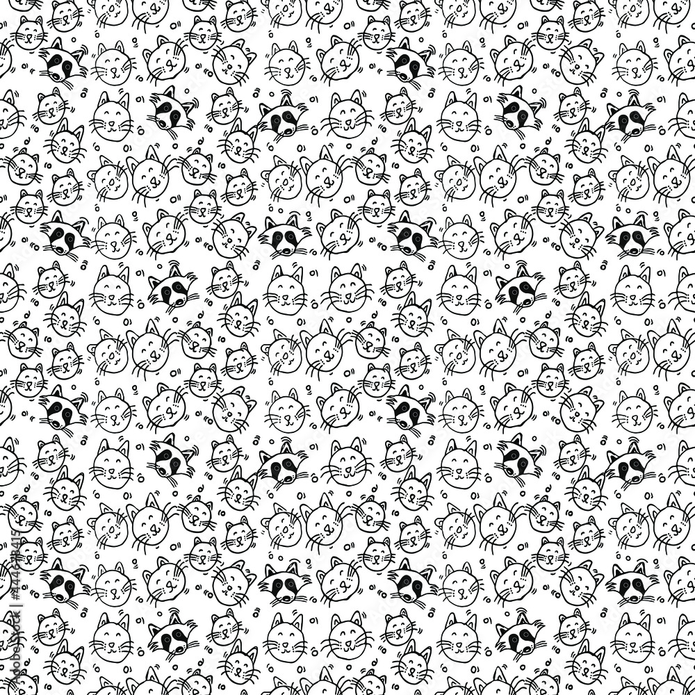 Seamless vector pattern with raccoons and cats. Doodle vector with raccoons and cats on white background. Vintage pattern with raccoons and cats icons, sweet elements background for your project