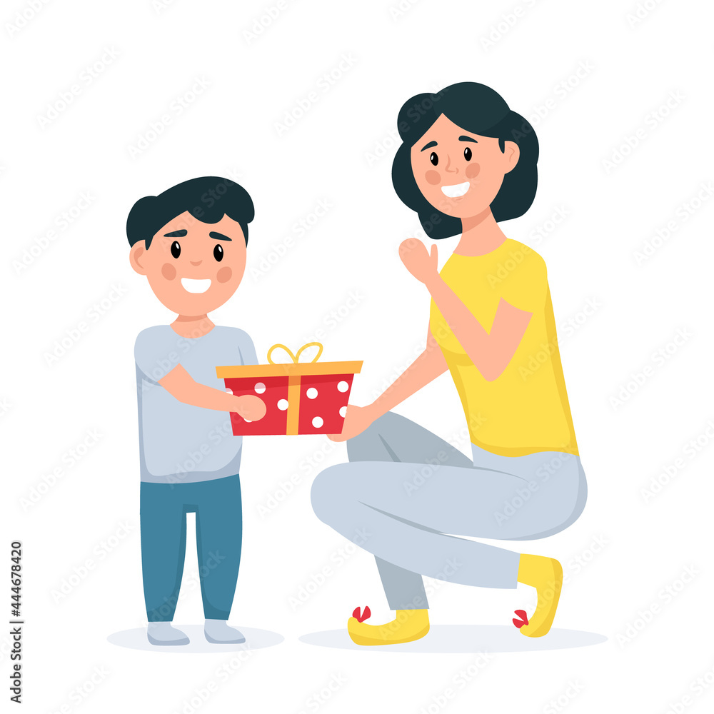 Kid gives a gift to her Mom. Mother and child. Isolated on white background. Mother's day, holiday concept. Vector illustration. Kid gives a gift to her Mom. Mother and child. Isolated on white background. Mother's day, holiday concept. Vector illustration.