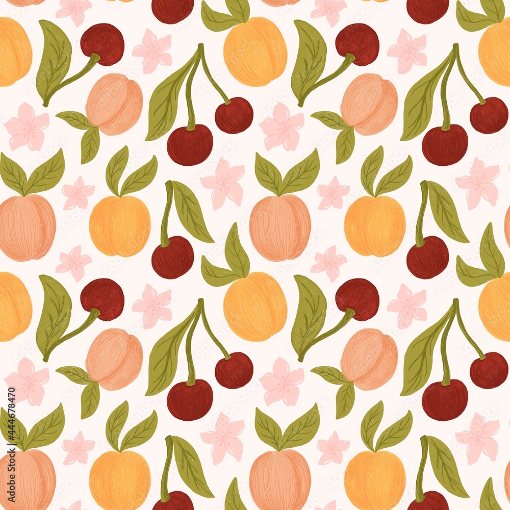 Seamless pattern with peaches, apricot fruits, cherry berrys and blossomed flowers. Hand painted by pencils endless background. Garden print design. Seamless pattern with peaches, apricot fruits, cherry berrys and blossomed flowers. Hand painted by pencils endless background. Garden print design.