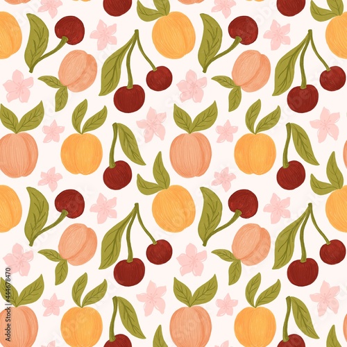 Seamless pattern with peaches, apricot fruits, cherry berrys and blossomed flowers. Hand painted by pencils endless background. Garden print design.