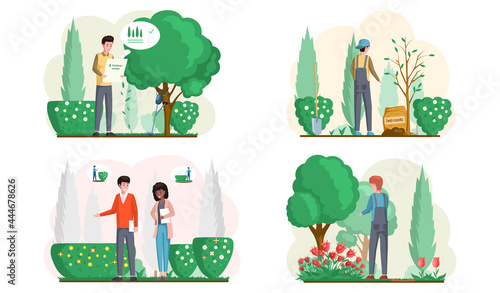 Spring gardening with characters of gardeners working in garden, landscape designers scenes set with people growing plants and flowers. Agriculture, organic garden tillage and farming, plant care