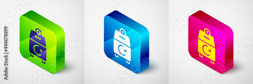 Isometric Donate or pay your zakat as muslim obligatory icon isolated on grey background. Muslim charity or alms in ramadan kareem before eid al-fir. Square button. Vector