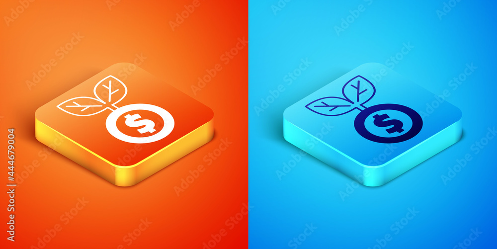 Isometric Dollar plant icon isolated on orange and blue background. Business investment growth concept. Money savings and investment. Vector Isometric Dollar plant icon isolated on orange and blue background. Business investment growth concept. Money savings and investment. Vector