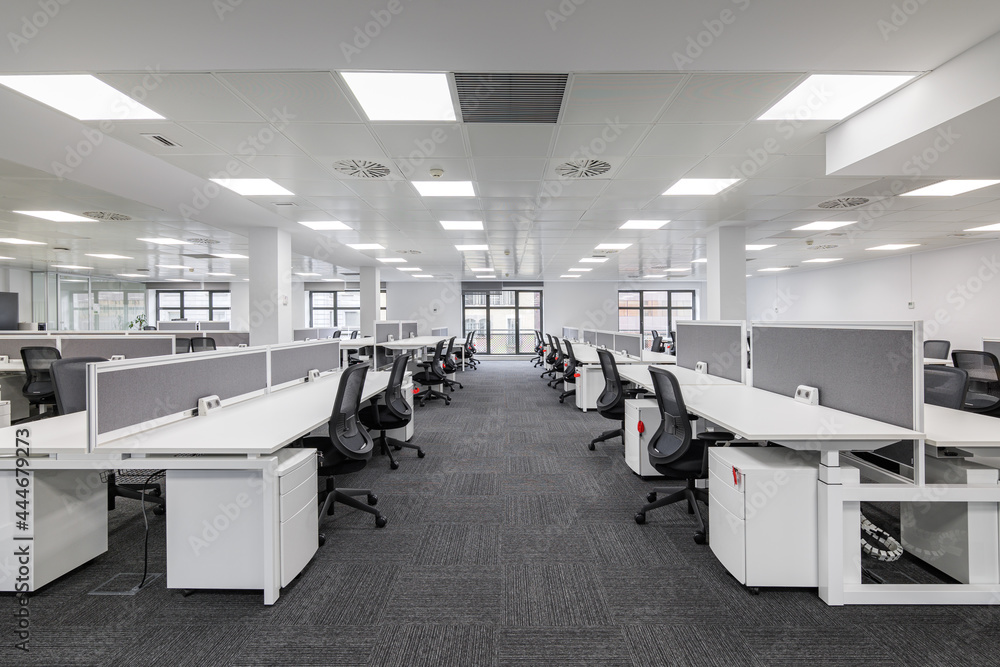Modern corporate open office in minimalist modern design in whites and greys, empty office workstations. - obrazy, fototapety, plakaty 