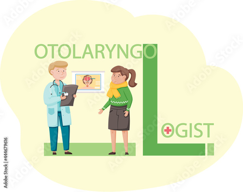 Health care, medical examination, female patient at doctor s appointment. Otolaryngologist s office in hospital. Man specializes in diagnosis and treatment of pathologies of ear, throat and nose