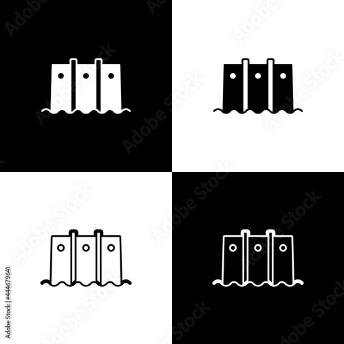 Set Hydroelectric dam icon isolated on black and white background. Water energy plant. Hydropower. Hydroelectricity. Vector