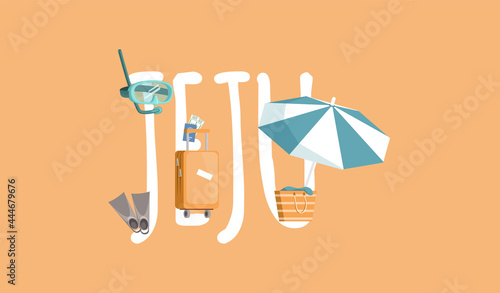 Jeju island in South Korea, tourist tour banner. Summer vacation, active tour with famous attraction, adventure time. Layout of postcard to island for travelers. Jeju, Korean nature and landscape photo