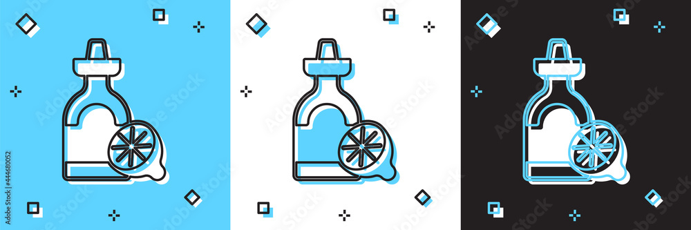 Set Tequila bottle with lemon icon isolated on blue and white, black background. Mexican alcohol drink. Vector Set Tequila bottle with lemon icon isolated on blue and white, black background. Mexican alcohol drink. Vector