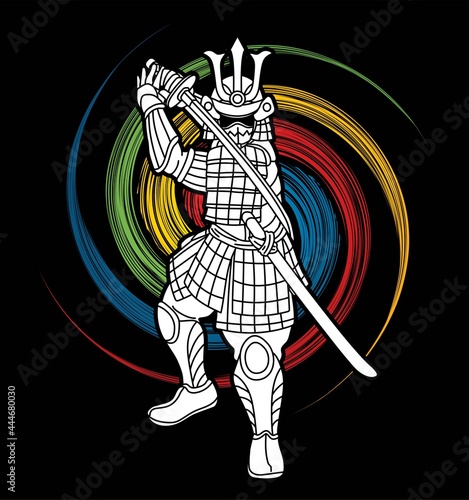 Samurai Warrior with Weapon Ready to Fight Action Cartoon Graphic Vector
