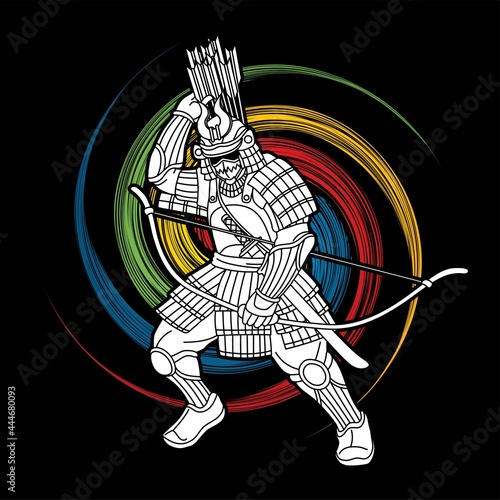 Samurai Warrior with Bow Weapon Ready to Fight Action Cartoon Graphic Vector