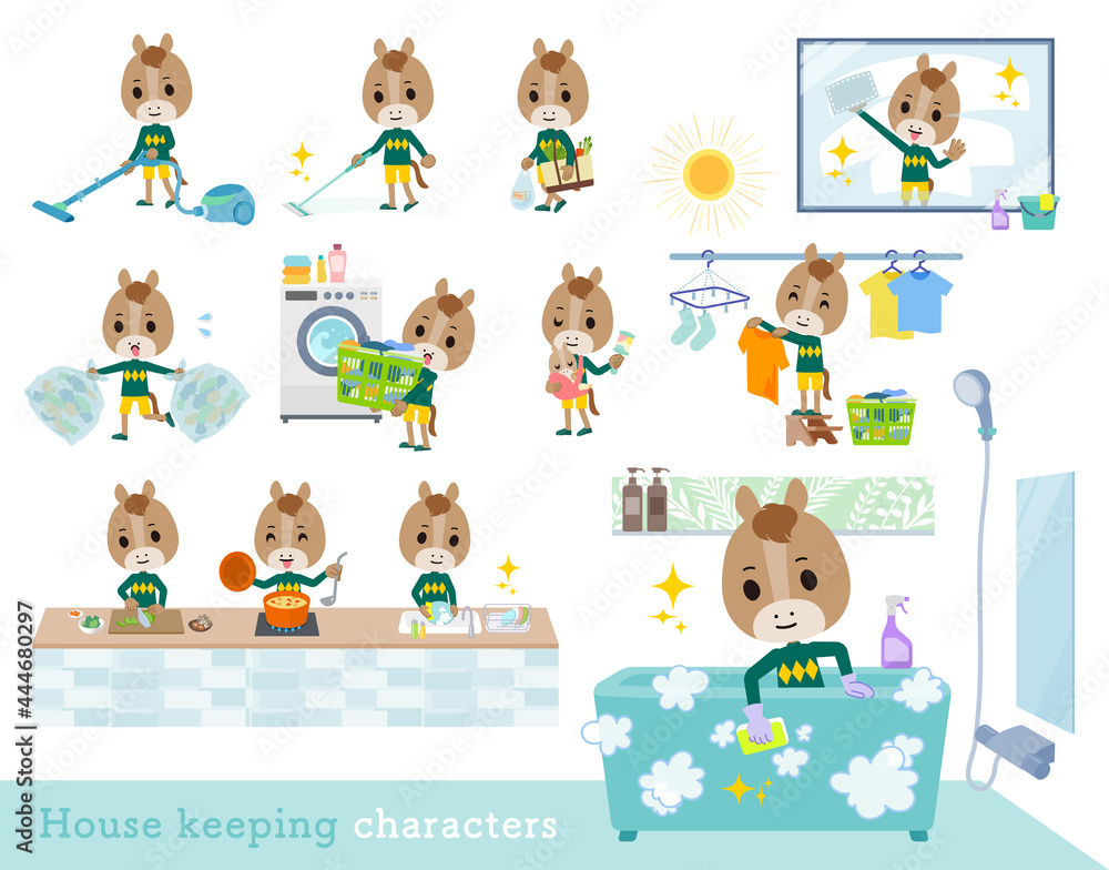掃除や洗濯など家事に関するウマの男の子のセット