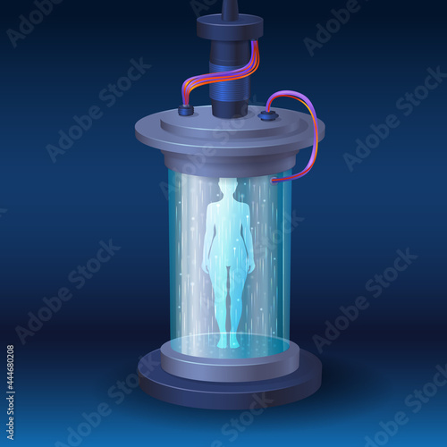 sci-fi teleport with human body silhouette, cryo hibernation camera