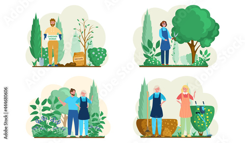 Seasonal gardening with characters of gardeners working in outdoor garden scenes set with people growing plants and flowers. Agriculture organic garden tillage and farming, plant care, gardening hobby