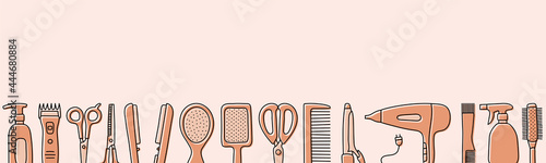 Hairdressing tools sketch with copy space. Professional hair dresser equipment. Hand drawn vector illustration. Barbershop symbols. Hairdryer, scissors, comb, straightener and curler