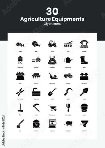 Agriculture equipment icons set. Simple set of farming equipment vector icons for web design