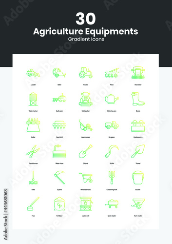 Agriculture equipment icons set. Simple set of farming equipment vector icons for web design