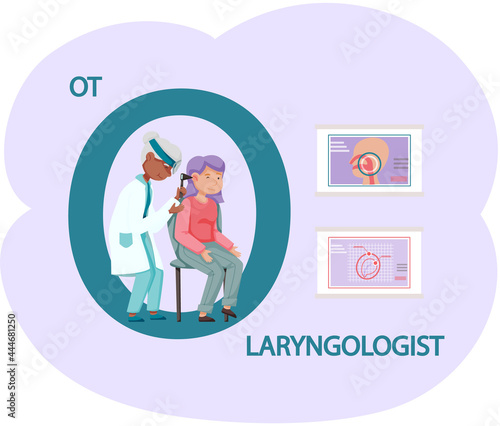Otolaryngologist doctor with nose, ear and throat or ENT diagnostic and treatment instruments. Otology doctor with patient. Otorhinolaryngology healthcare medicine or otolaryngology diseases