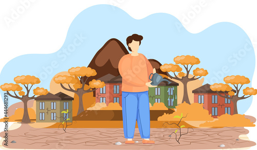 Dried, hot and lifeless land with cracks. Change climate, environmental pollution theme with man watering dead tree with watering can, tree felling and urban growth, dead plant, spoiled ecology