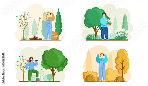 Gardener working in yard scenes set. Male handyman character plants flowers and trees in graden, rakes leaves in autumn. Backyard landscaping, plants cultivating and nursery, garden maintenance