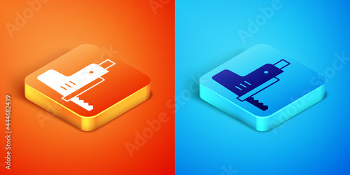 Isometric Electric jigsaw with steel sharp blade icon isolated on orange and blue background. Power tool for woodwork. Vector
