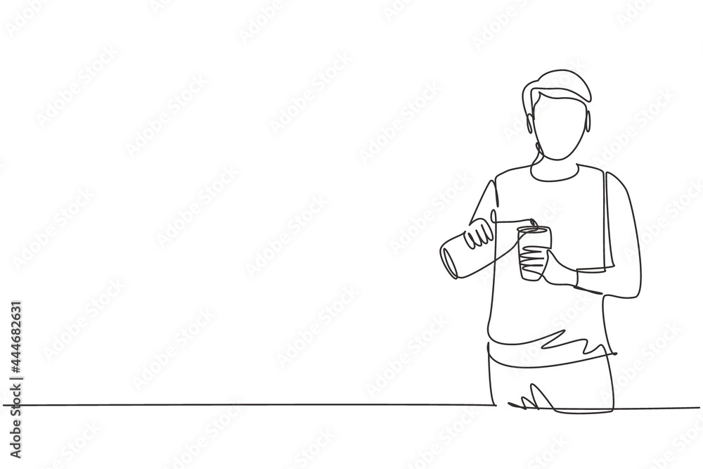 Single continuous line drawing handsome male pouring orange juice into glass from bottle while having breakfast at home. Healthy lifestyle concept. One line draw graphic design vector illustration Single continuous line drawing handsome male pouring orange juice into glass from bottle while having breakfast at home. Healthy lifestyle concept. One line draw graphic design vector illustration