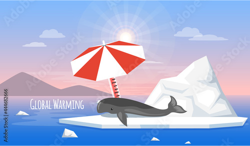 Melting glaciers due to global warming. Rising air and water temperatures displayed on thermometer. Whale lies on an ice floe under beach umbrella in an Antarctic cold landscape with iceberg and snow