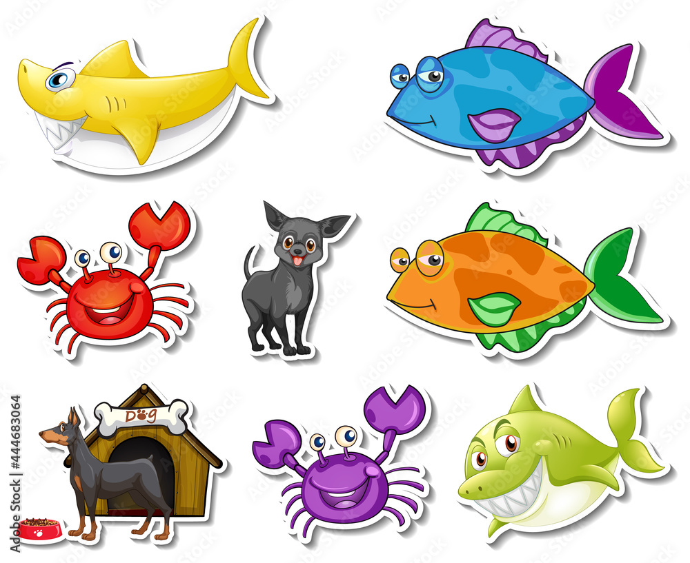 Set of stickers with sea animals and dogs cartoon character Set of stickers with sea animals and dogs cartoon character