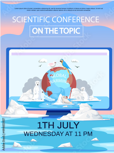 Online scientific conference about global warming. Advertisement for conference about animals during climate change. Polar animals around planet during melting of glaciers on computer monitor
