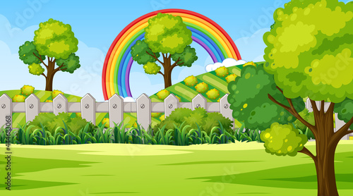 Nature park scene background with rainbow in the sky