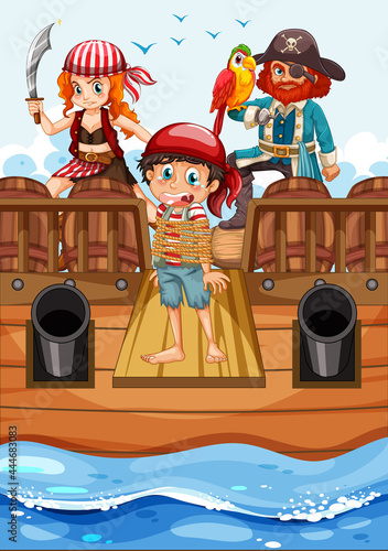Scene with a poor boy walking the plank on the ship