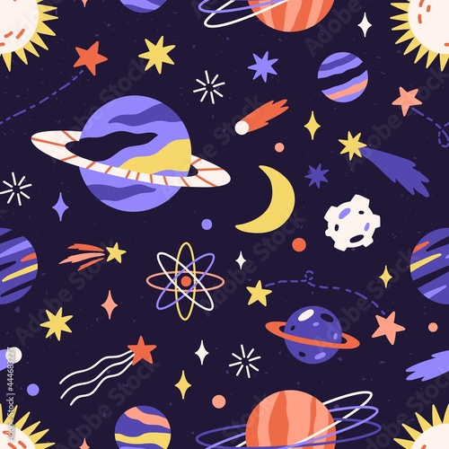 Seamless space pattern with planets and stars in dark sky. Childish galaxy ba...