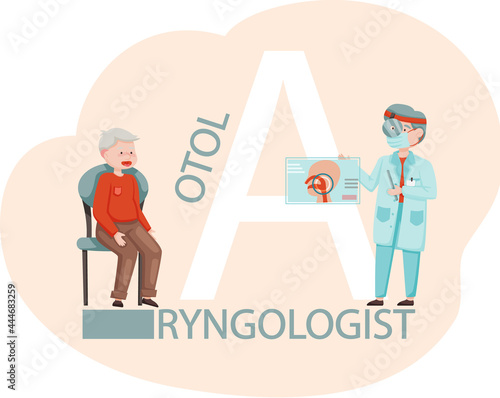 Otolaryngologist doctor with nose, ear and throat or ENT diagnostic and treatment instruments. Otology doctor with patient. Otorhinolaryngology healthcare medicine or otolaryngology diseases