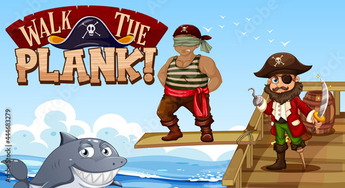 Walk The Plank font banner with Captain Hook cartoon character
