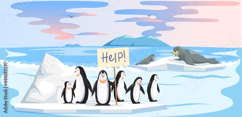 Wild animals living in antarctica suffer from global warming. Cute penguins and walruses on ice floes asking for help during global warming. Melting glaciers due to rising planet temperature concept