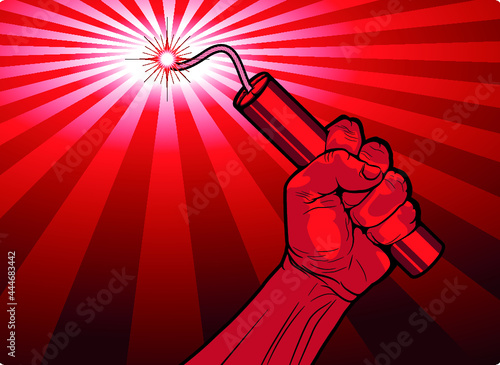 Mano agarrando un cartucho de dinamita encendida.