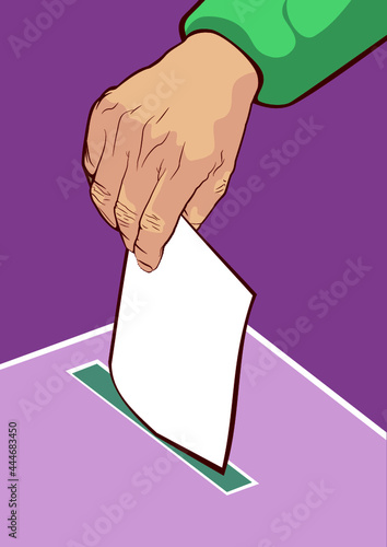 Close up of the hand of a man voting placing his ballot in the box as he makes a democratic vote or choice in politics or in a referendum, vector illustration