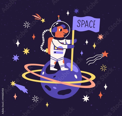 Dog astronaut in space suit on planet with flag. Cute funny animal traveling in cosmos. Puppy cosmonaut in spacesuit. Childish colored flat vector illustration of doggy in universe